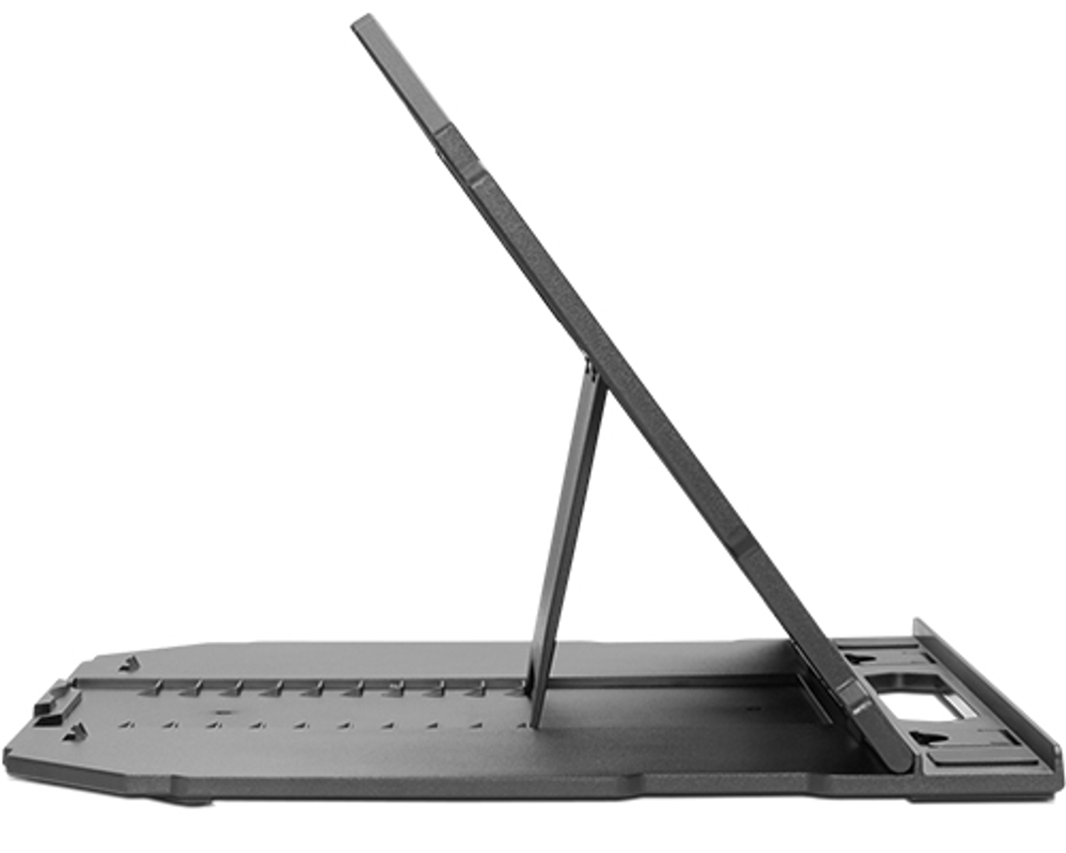 Ein grauer Laptop-Ständer mit verstellbarem Winkel und einer Stütze.