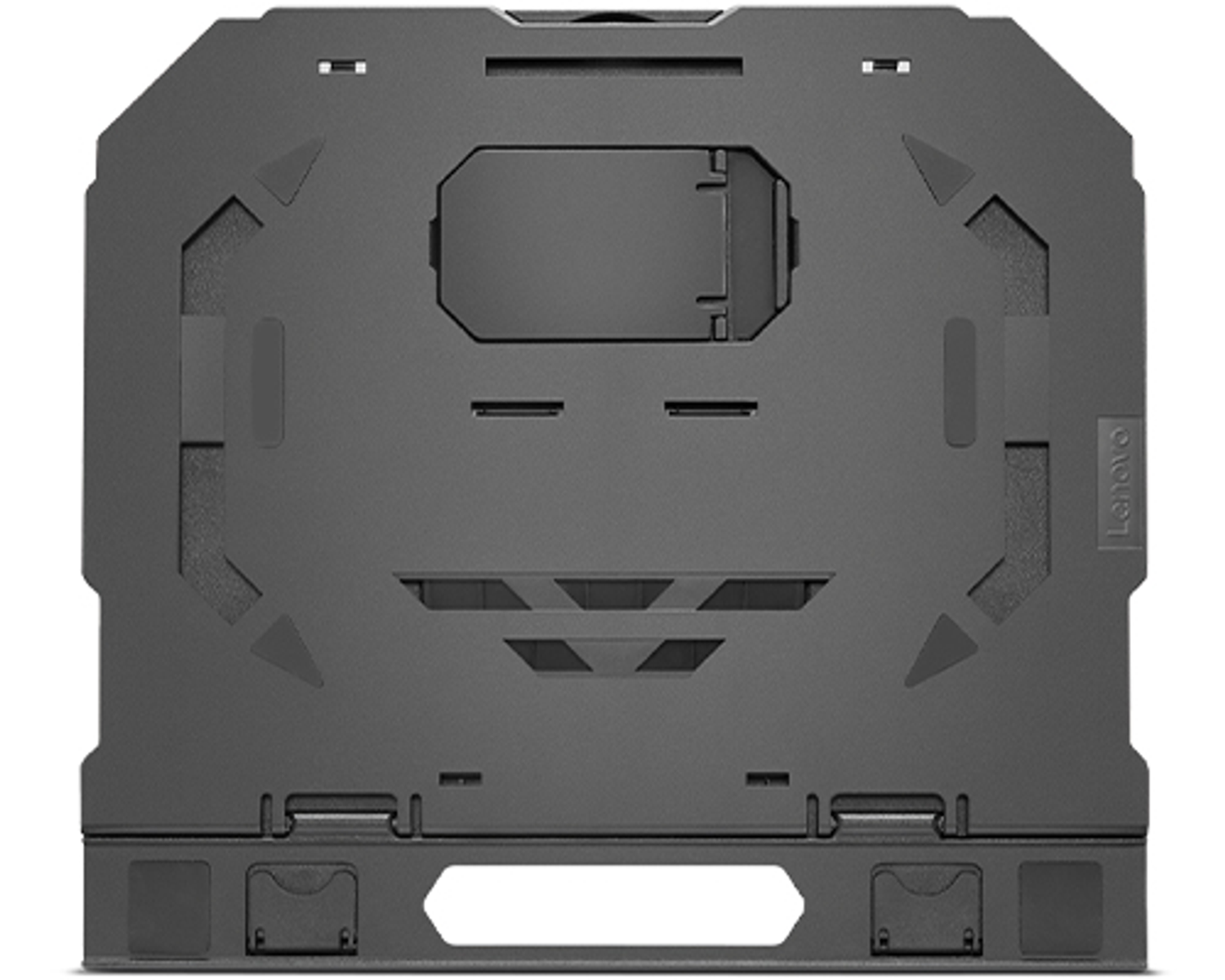 Graues Lenovo Laptop-Stativ mit geometrischen Mustern und Logo.
