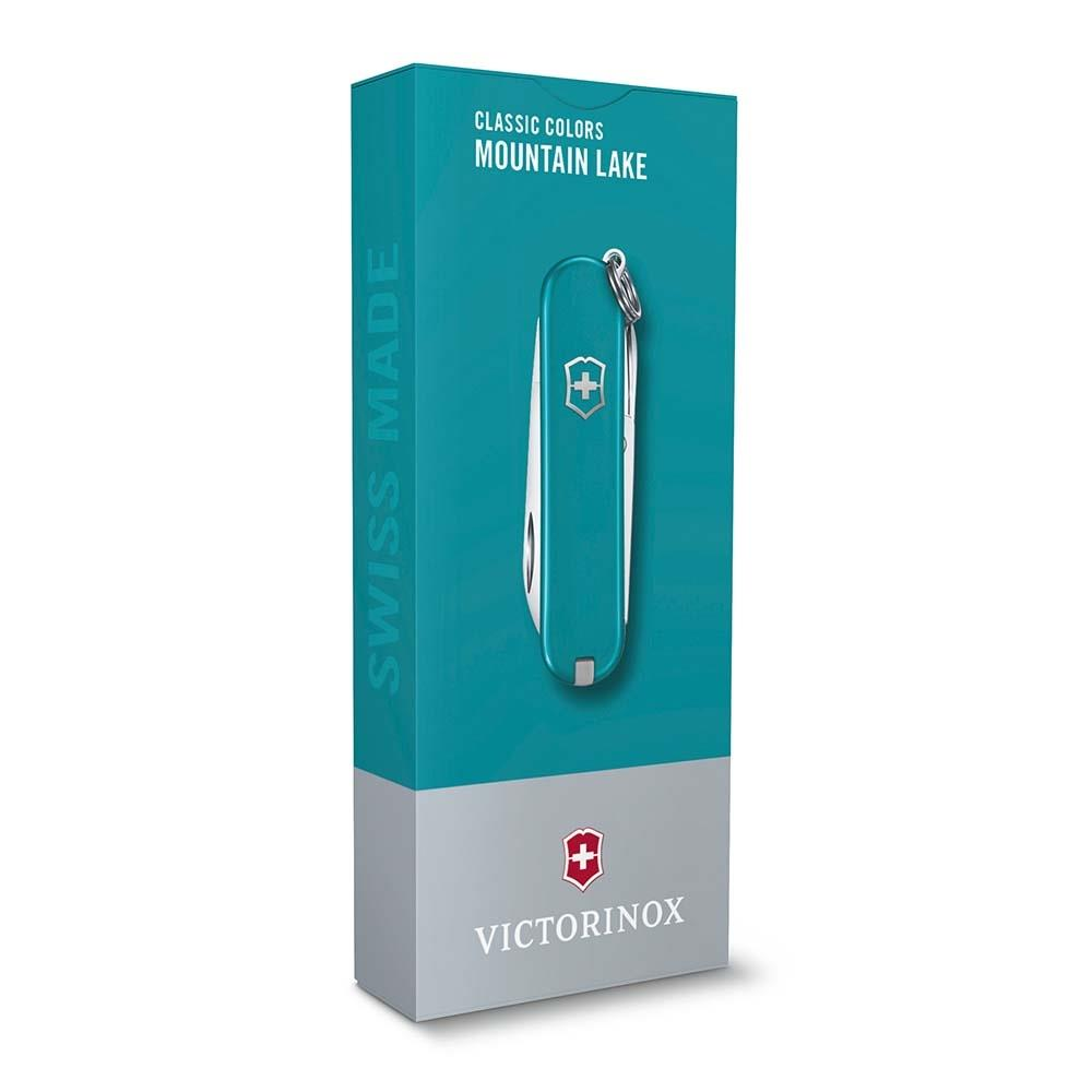 Turkuaz Victorinox İsviçre çakısı "Mountain Lake" ambalajında.