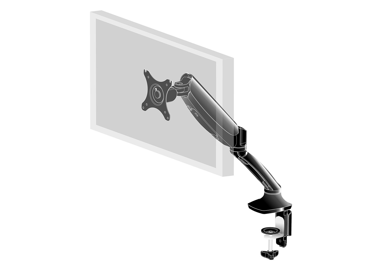 Een monitorarm met klemvoet bevestigd aan een grijze monitor.