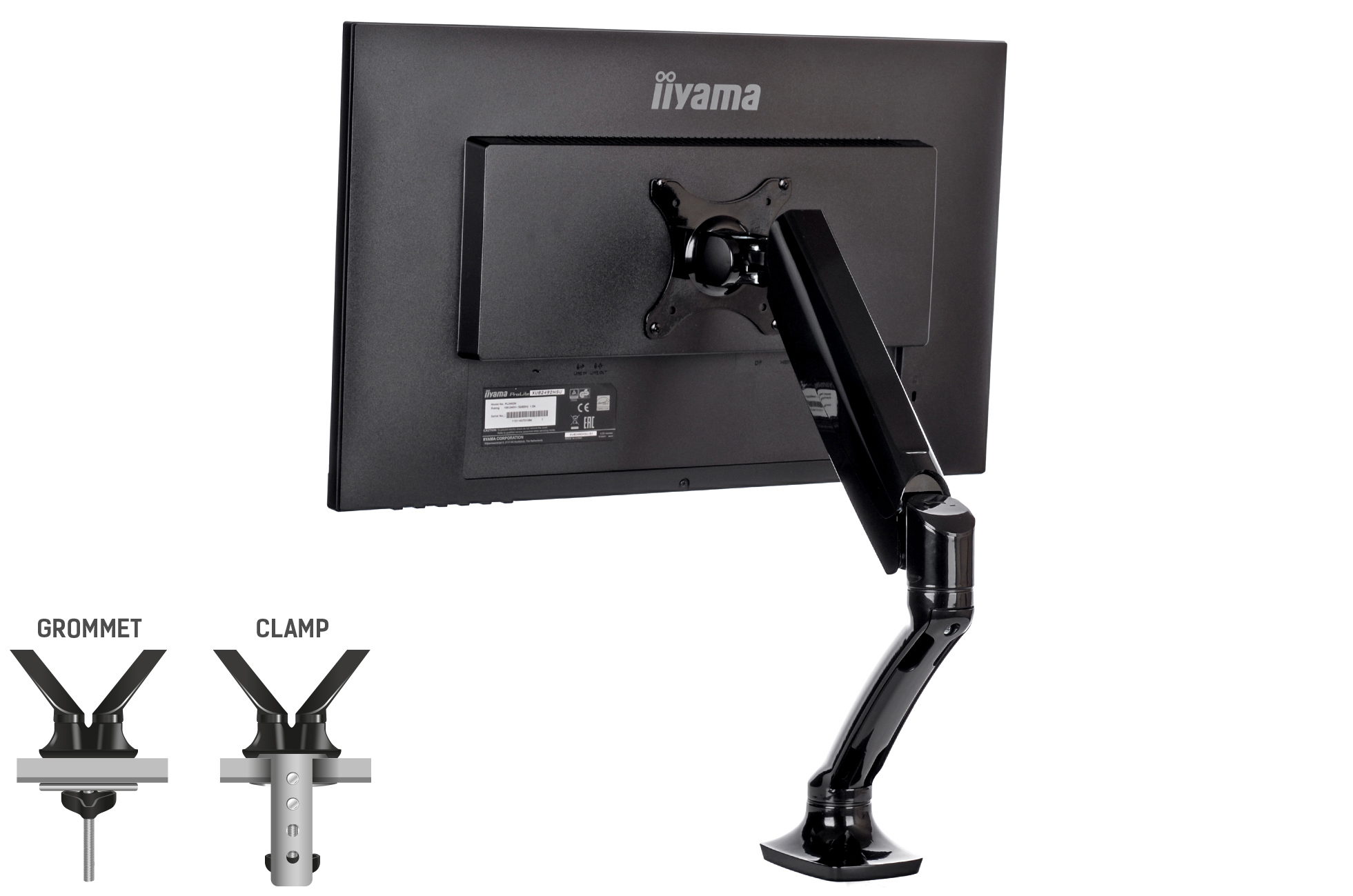 Achterkant van een zwarte monitor aan een flexibele arm met twee montageopties.