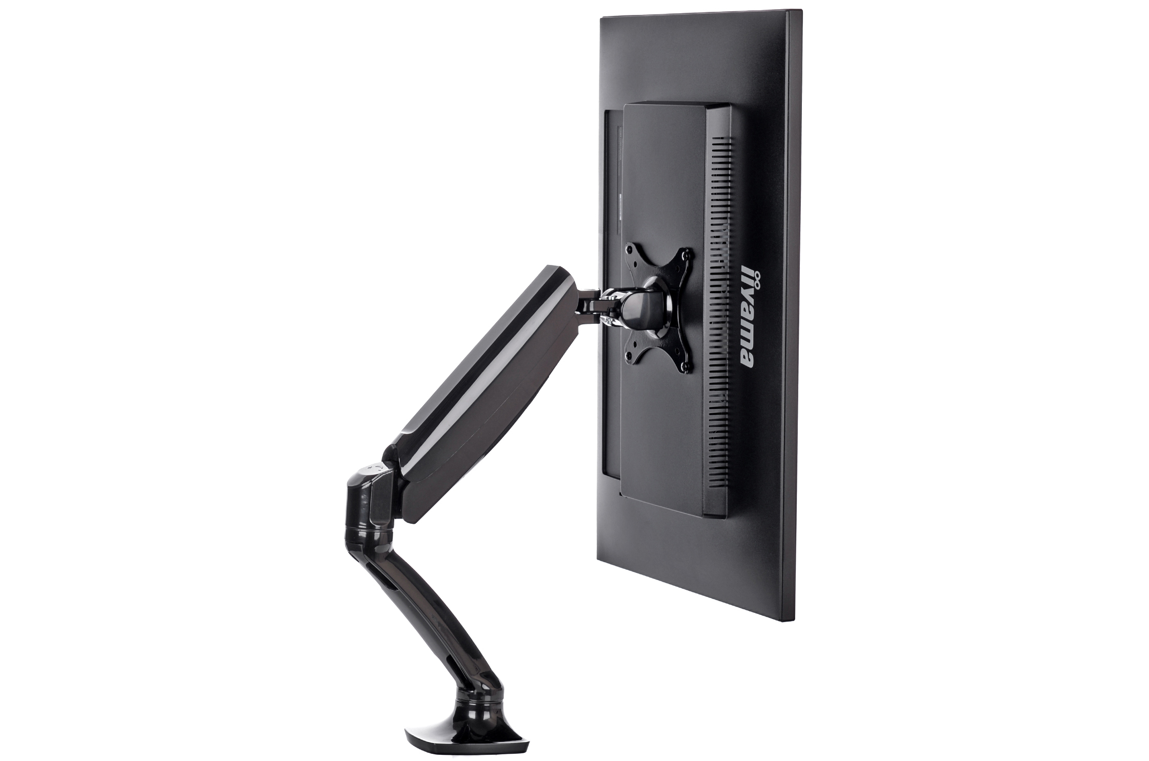 Achterkant van een zwarte monitor aan een verstelbare arm, bevestigd aan een voet.