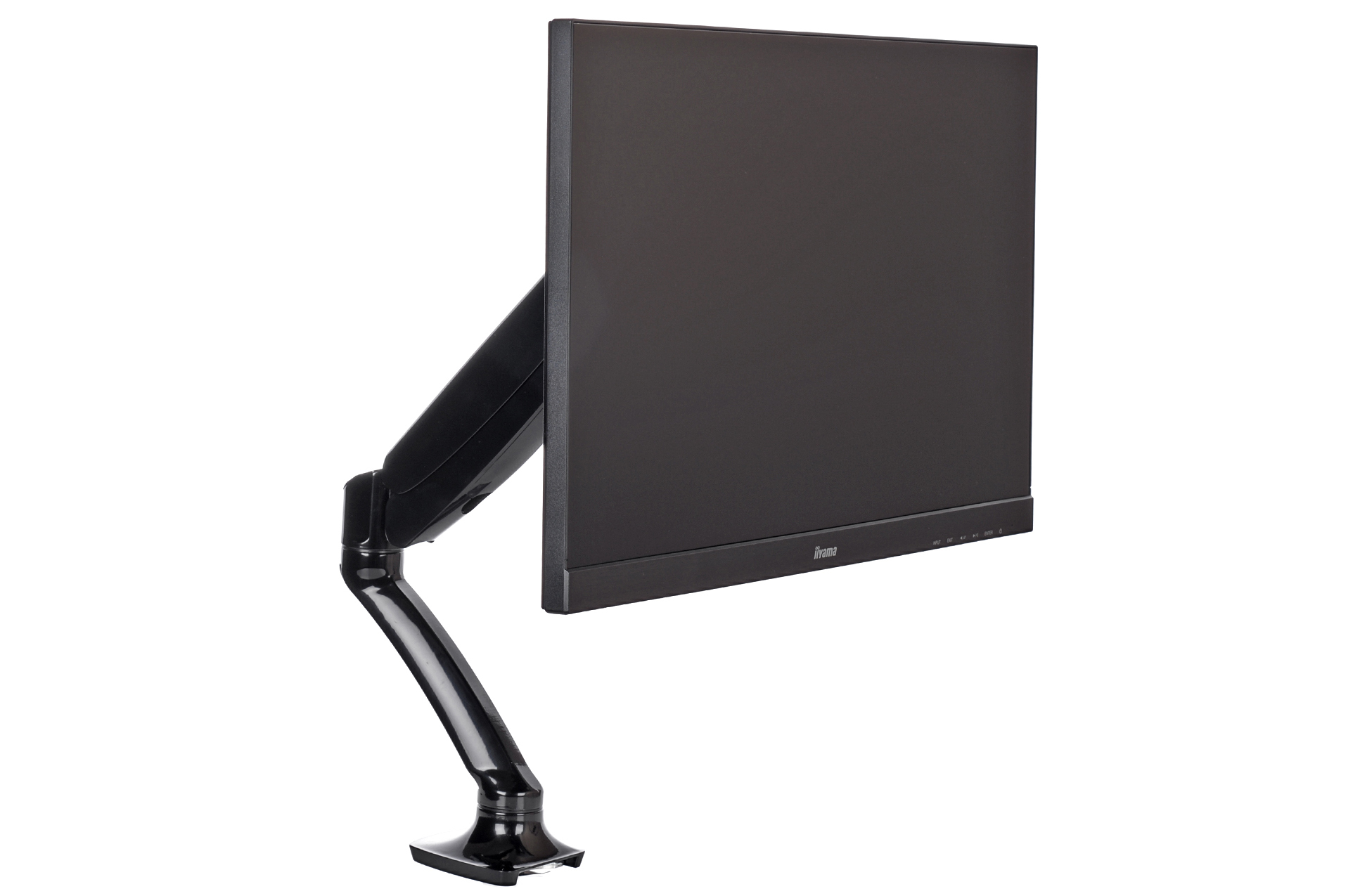 Een zwarte monitor op een verstelbare arm, tegen een witte achtergrond.