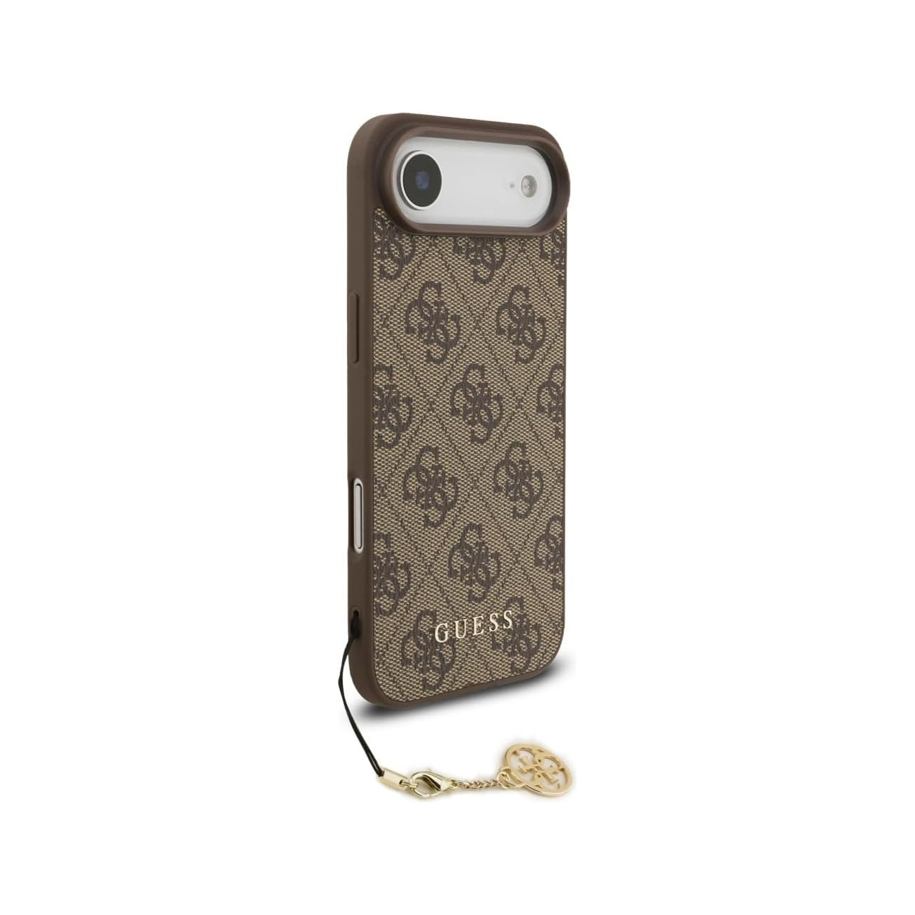 Custodia marrone per telefono con logo Guess all-over e charm dorato.