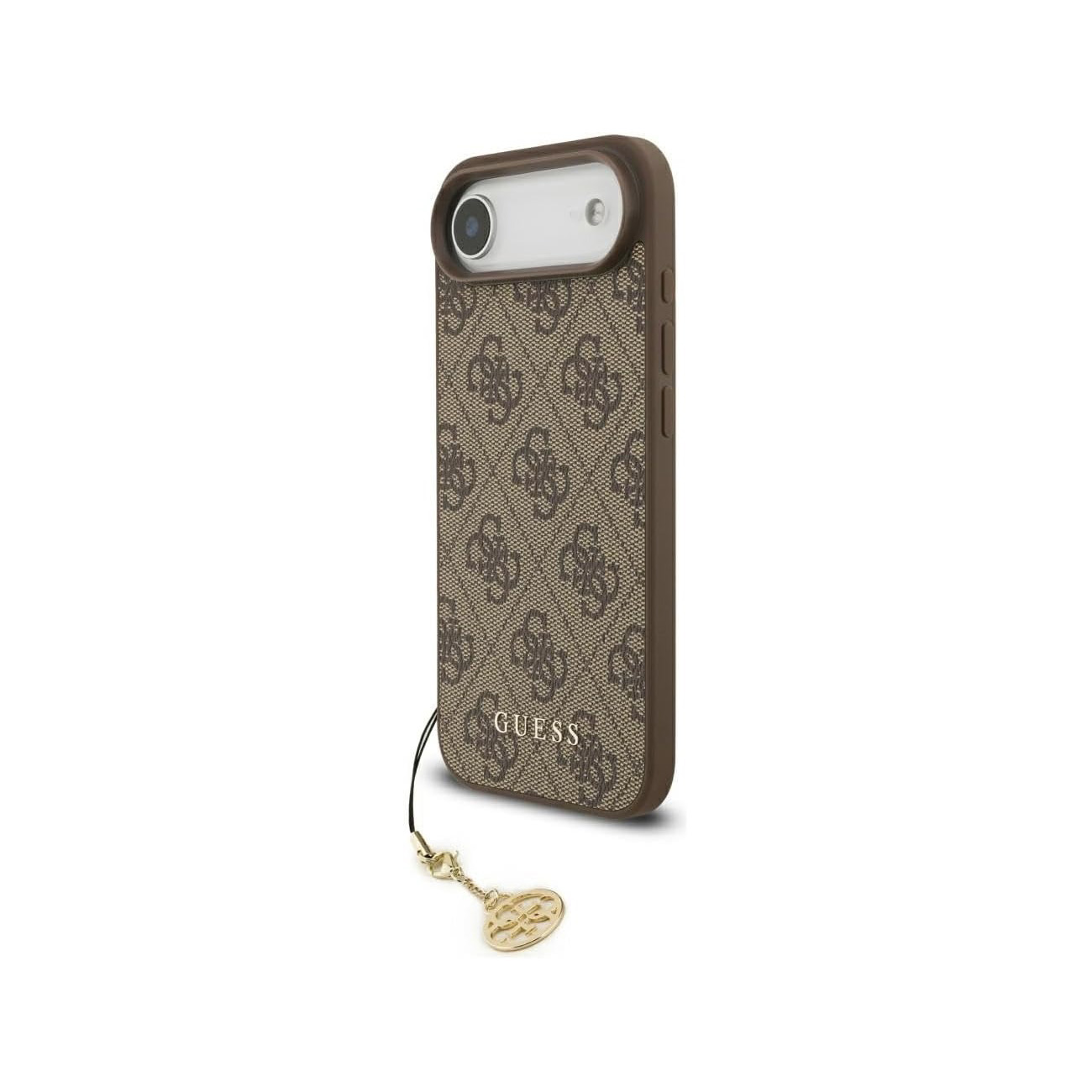 Custodia marrone Guess con motivo logo ripetuto e ciondolo dorato.