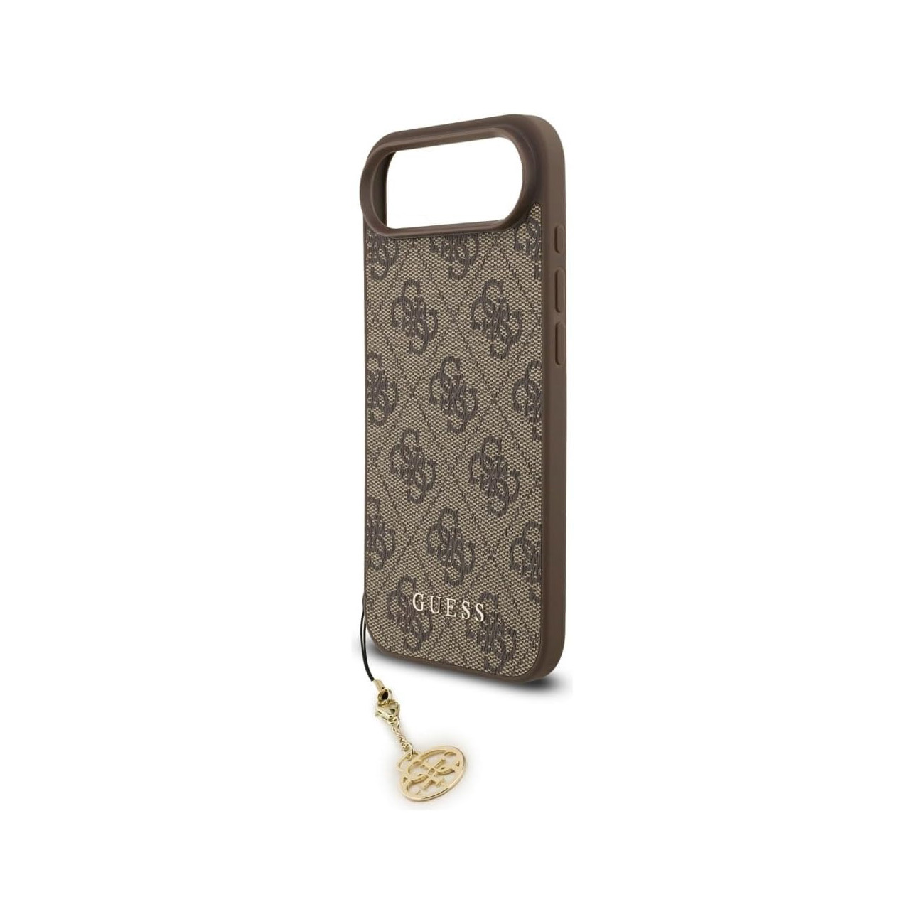 Custodia per telefono marrone con motivo logo Guess e ciondolo dorato.
