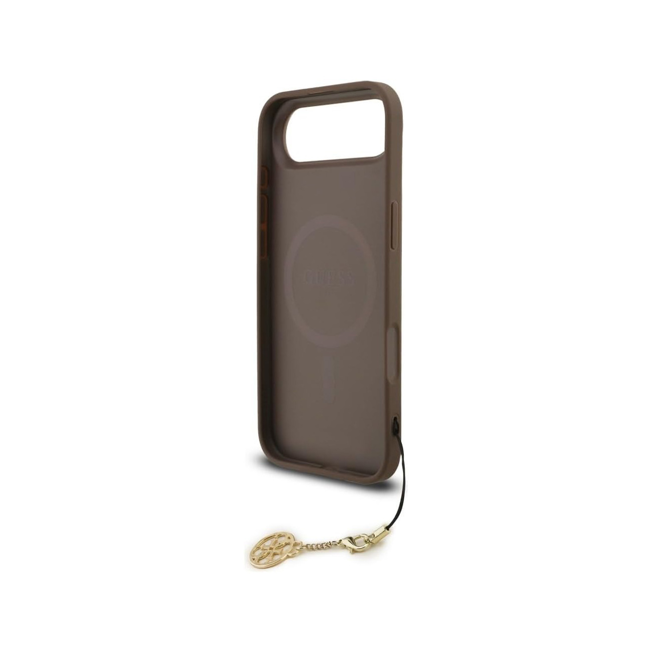 Custodia marrone per telefono con logo GUESS e charm dorato.