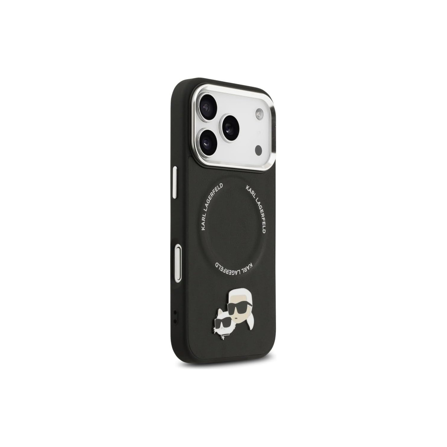 Custodia nera per iPhone con logo Karl Lagerfeld e figura di Choupette.
