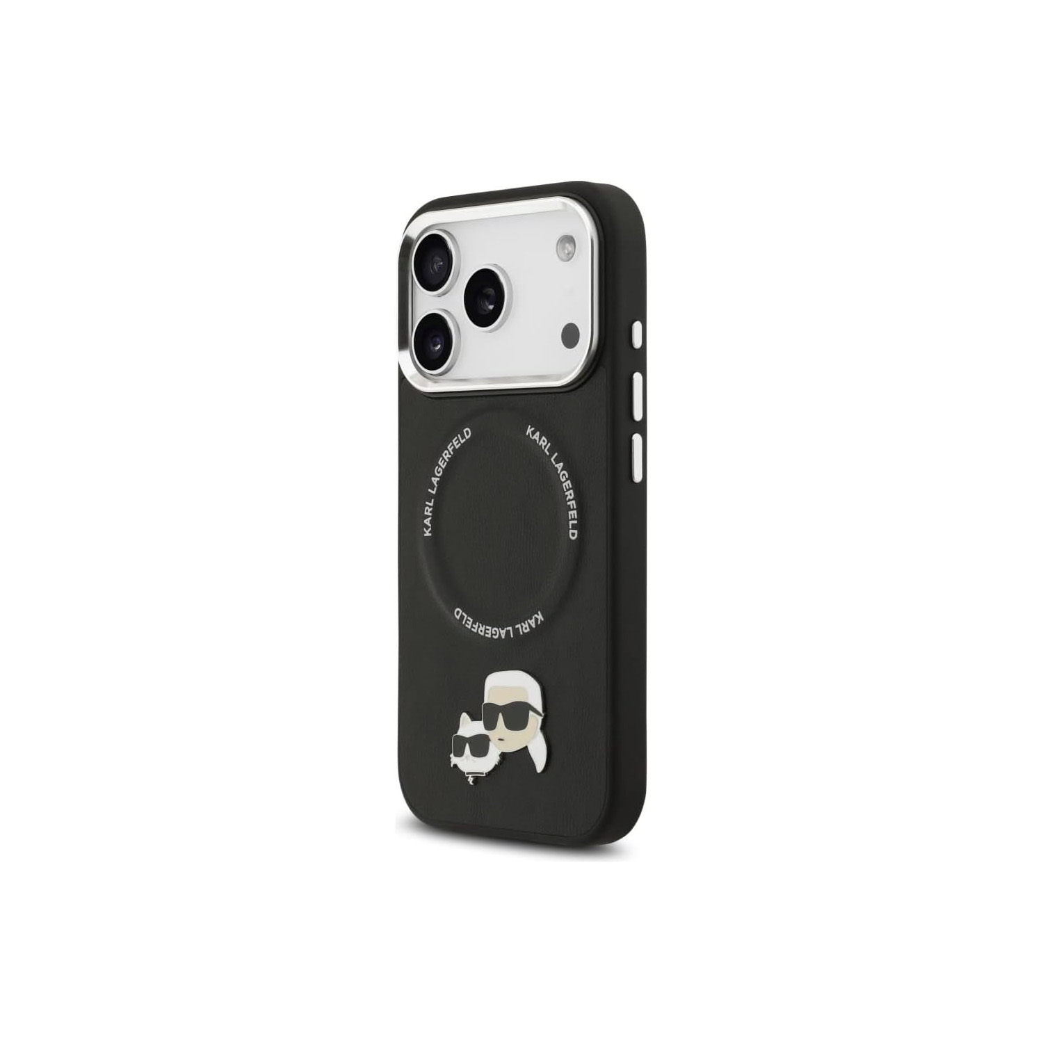 Custodia nera per iPhone con motivo Karl Lagerfeld e anello fotocamera.