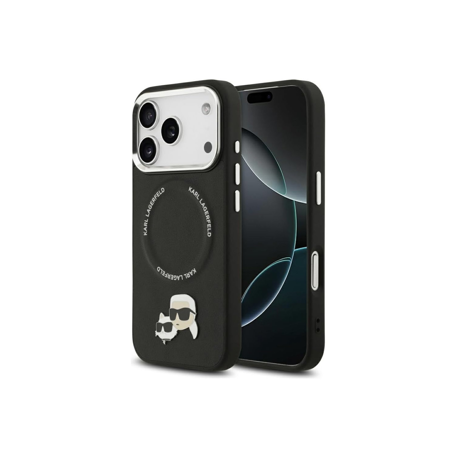 Custodia nera per iPhone con motivo Karl Lagerfeld e foro fotocamera.