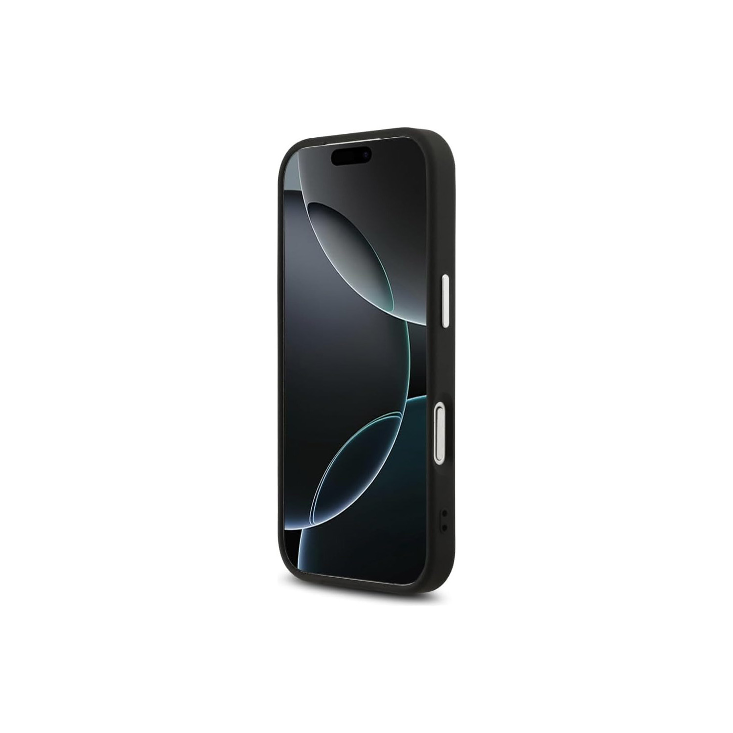 Smartphone nero in custodia con sfondo scuro ed effetti di luce.