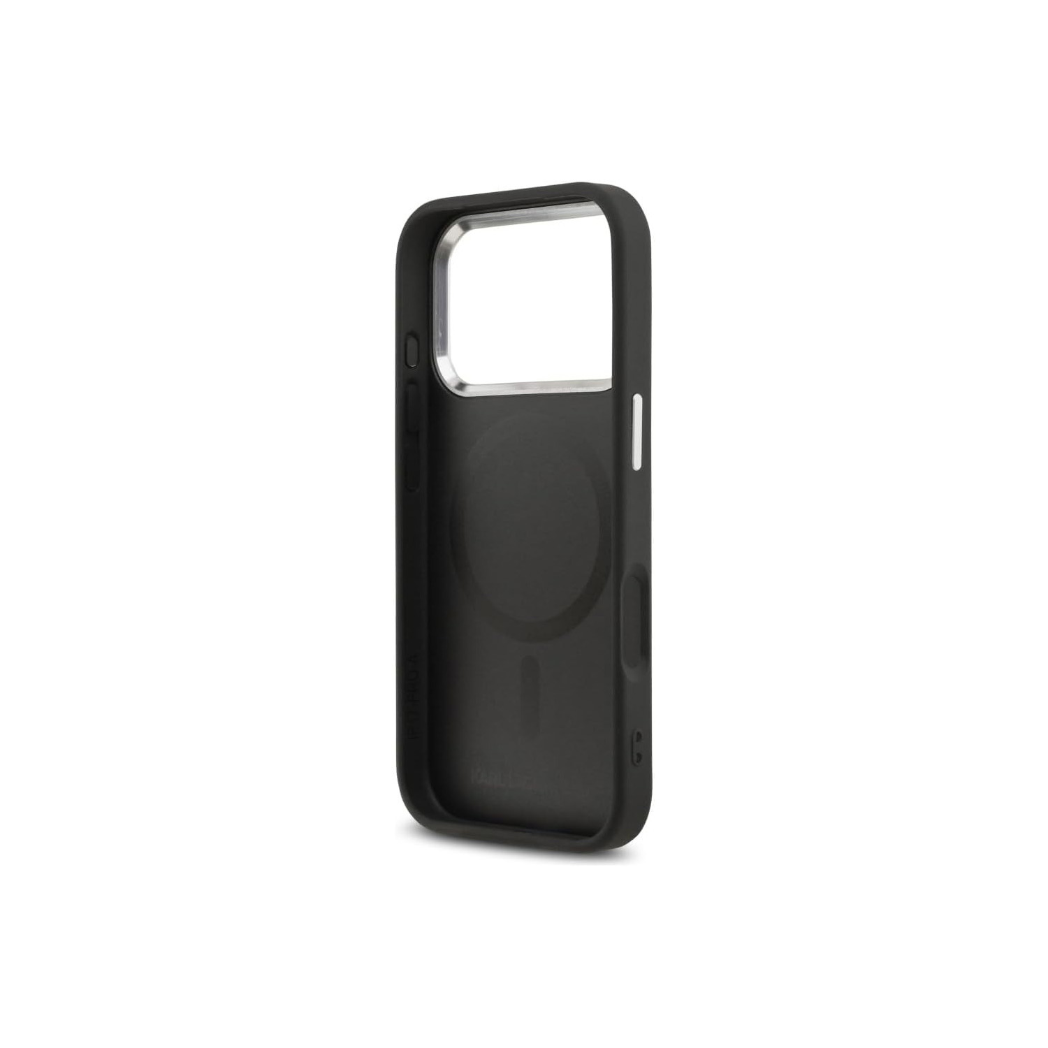 Custodia nera per iPhone con ritaglio per obiettivi della fotocamera e anello di ricarica magnetico.