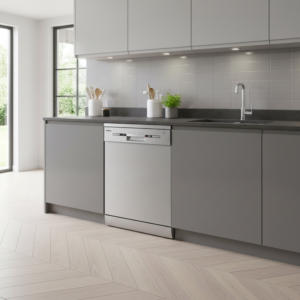 Moderna cocina con lavavajillas plateado, gabinetes grises y suelo de madera.
