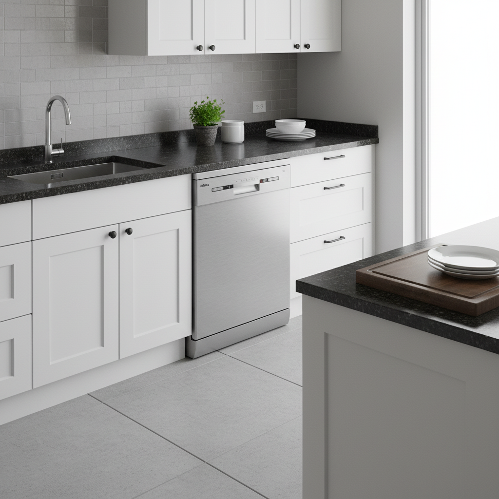 Cocina moderna con lavavajillas, fregadero y gabinetes blancos.
