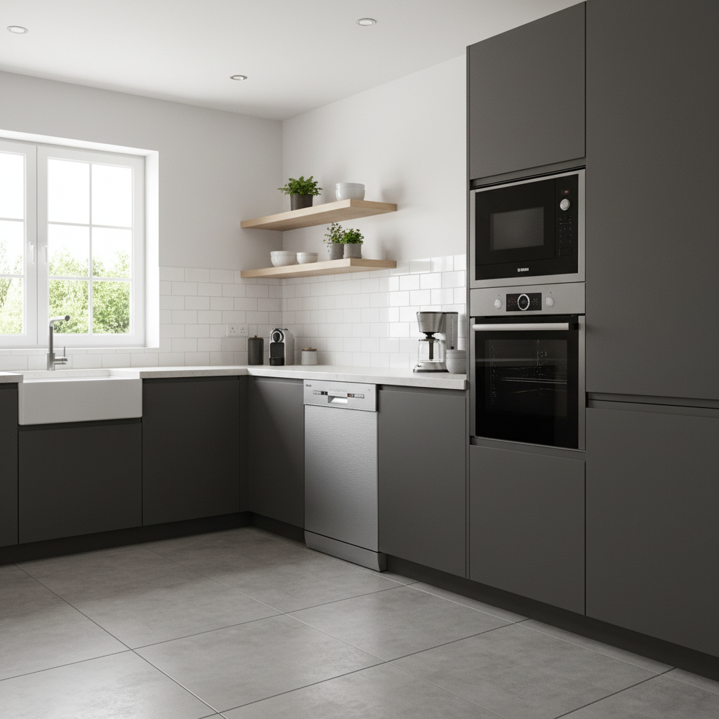 Moderna cocina oscura con electrodomésticos de acero inoxidable, fregadero blanco y estantes.
