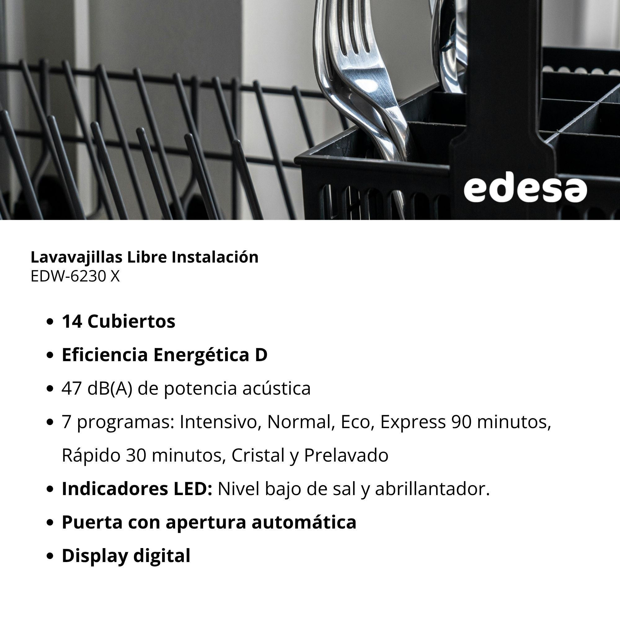 Lavavajillas con cesta para cubiertos y logo Edessa. Detalles de programas.