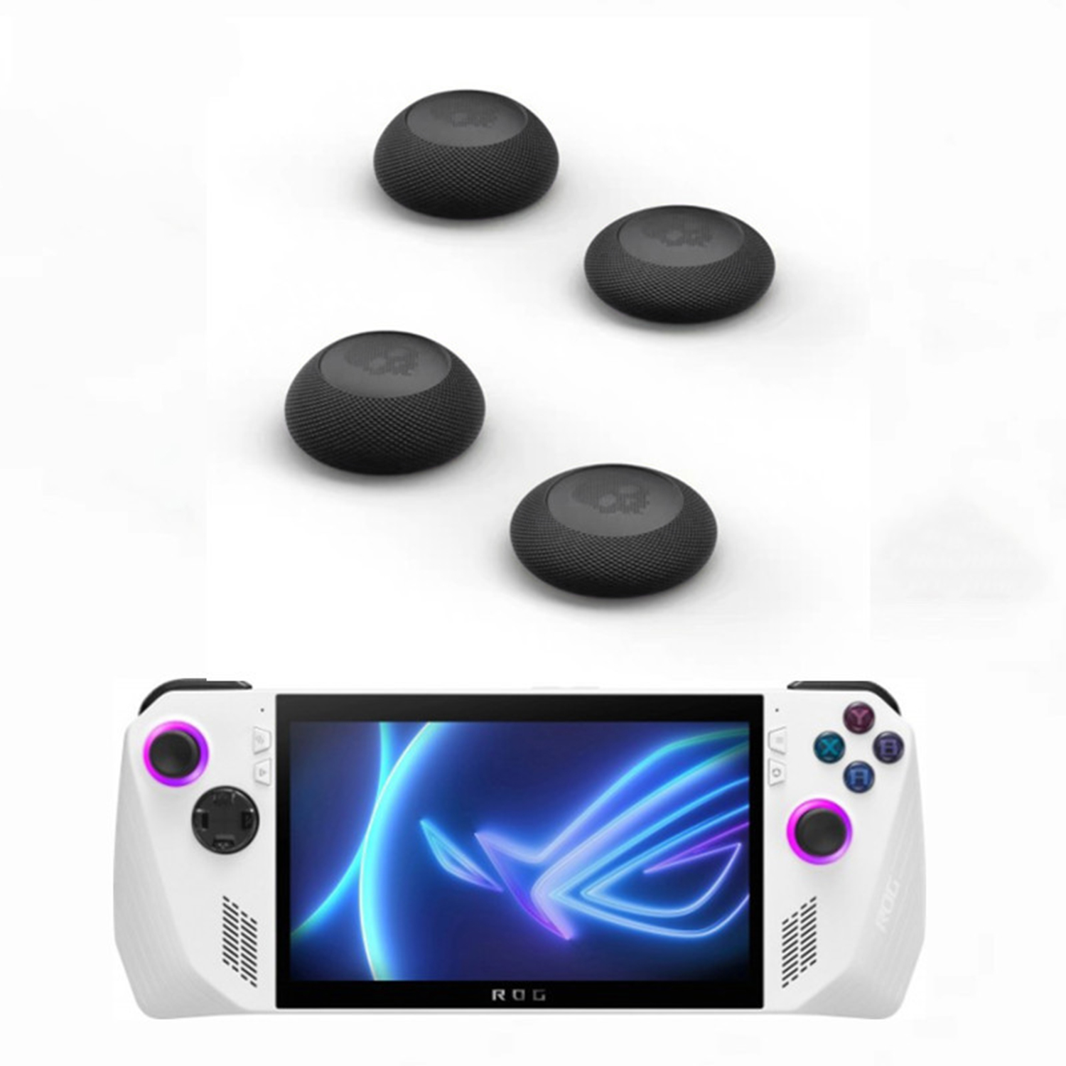 Een wit handheld gameapparaat met vier zwarte joysticks erboven.