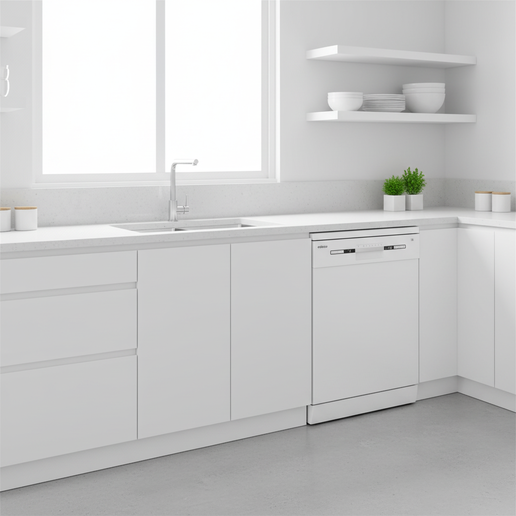 Moderna cocina blanca con fregadero, lavavajillas y estantes.