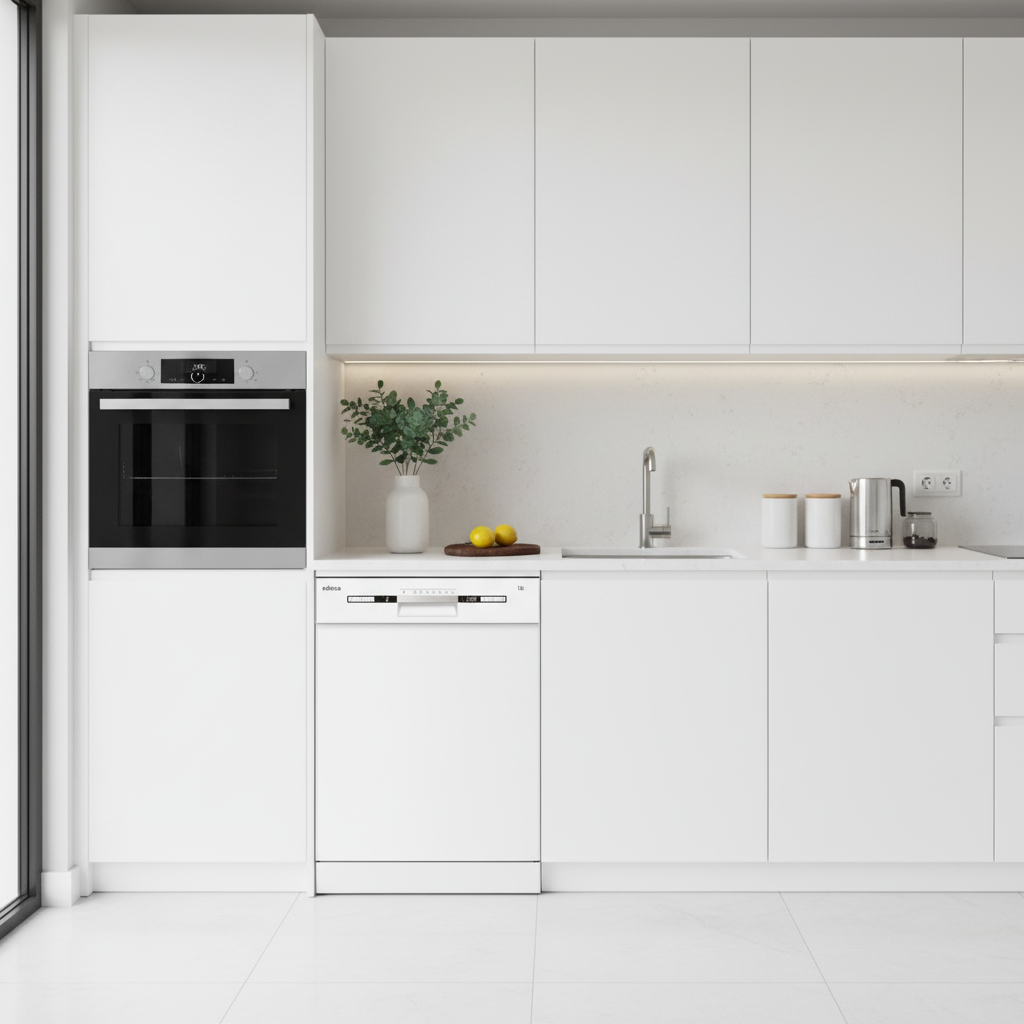 Cocina blanca moderna con horno empotrado, lavavajillas, fregadero y hervidor.