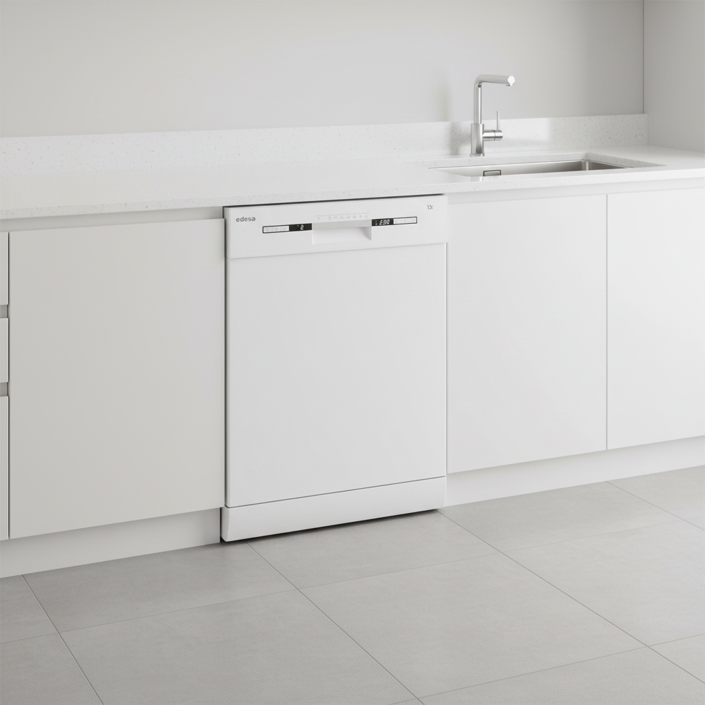 Un lavavajillas blanco en una cocina moderna y blanca, junto a un fregadero con grifo cromado.