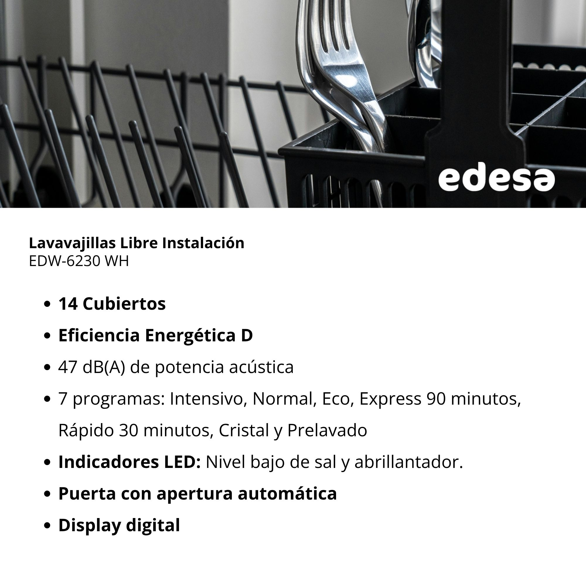 Lavavajillas Edessa con cesta para cubiertos y utensilios.