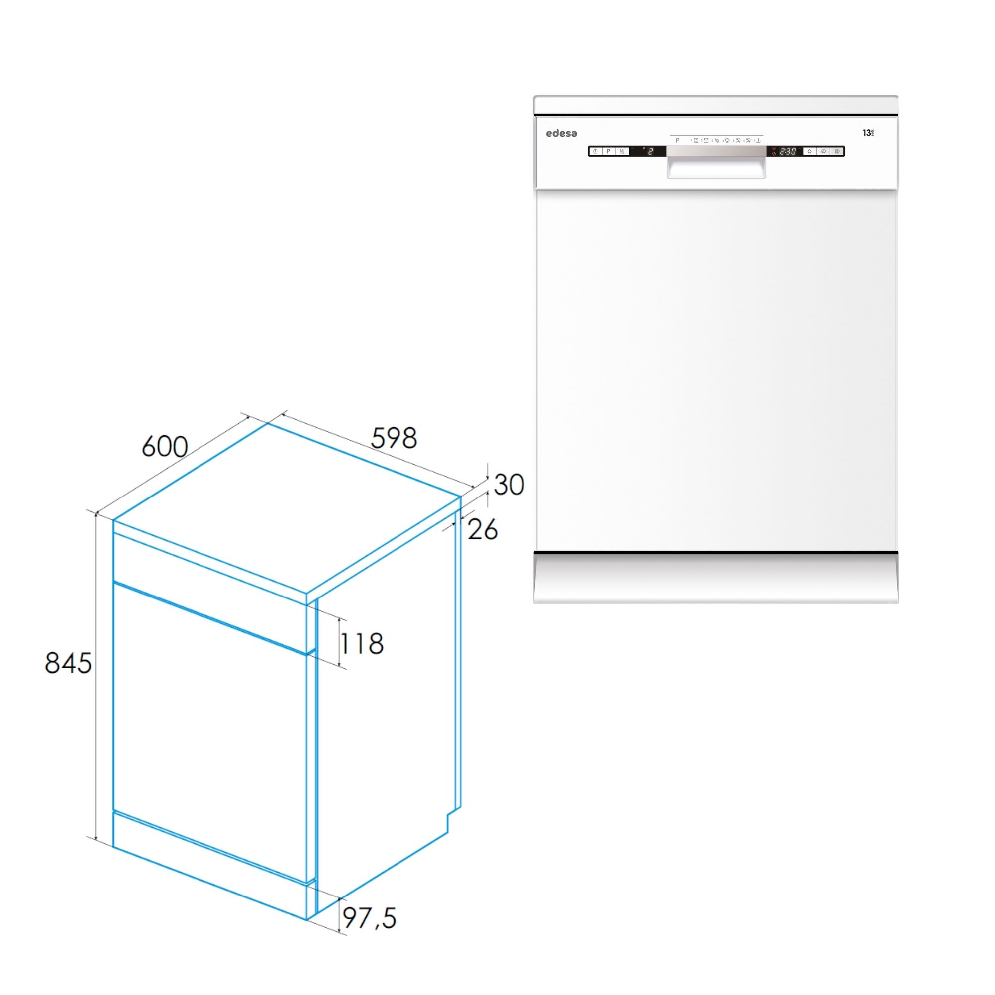 Dibujo técnico y vista de un lavavajillas blanco con dimensiones.