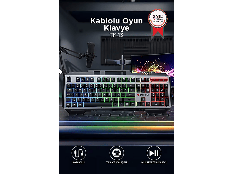 TORIMA Rgb Işıklı Mekanik Ergonomik Kablolu Klavye TK13 Kablolu Oyuncu Klavyesi Siyah