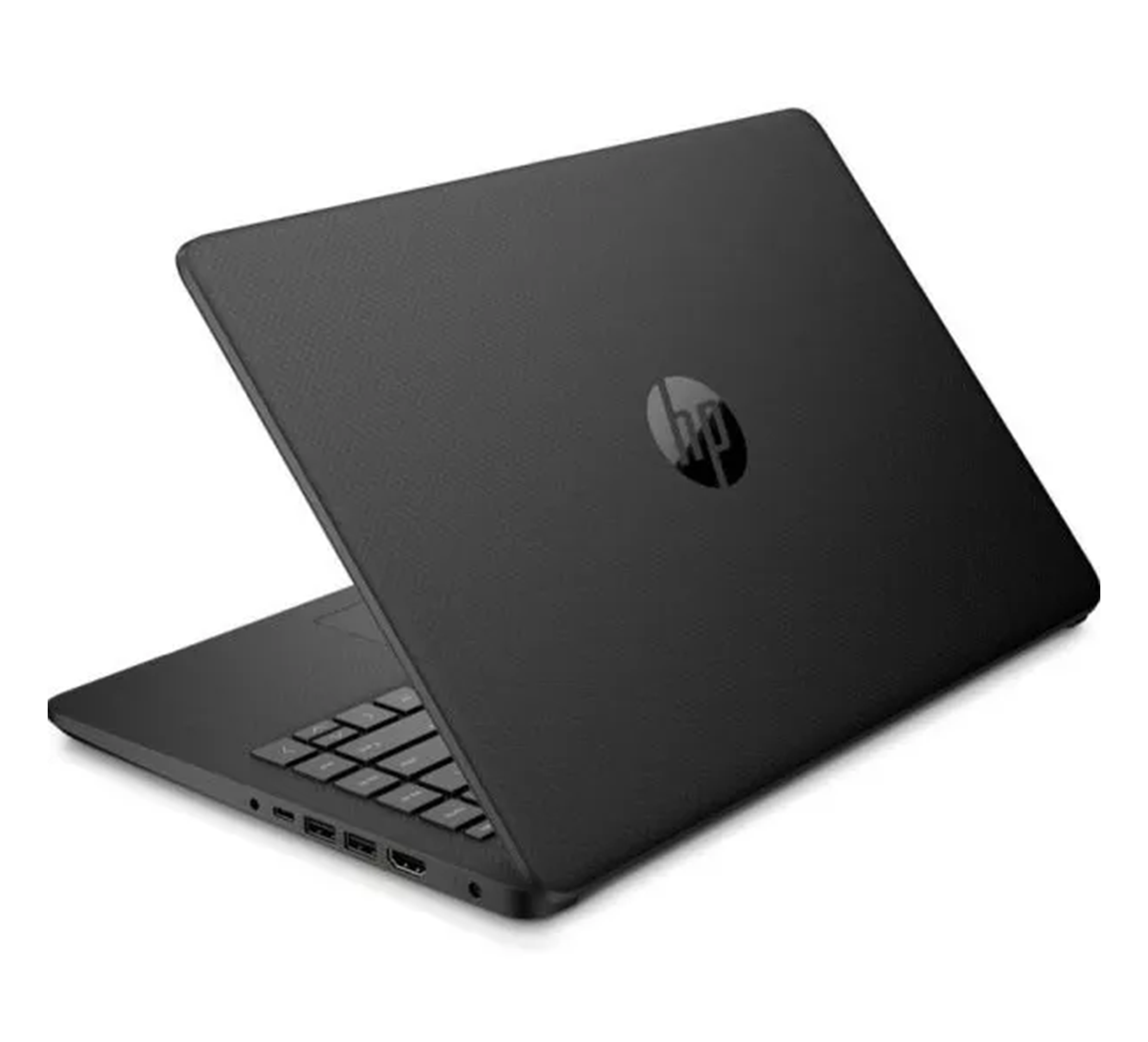 Czarny laptop HP z klawiaturą i portami, na białym tle.