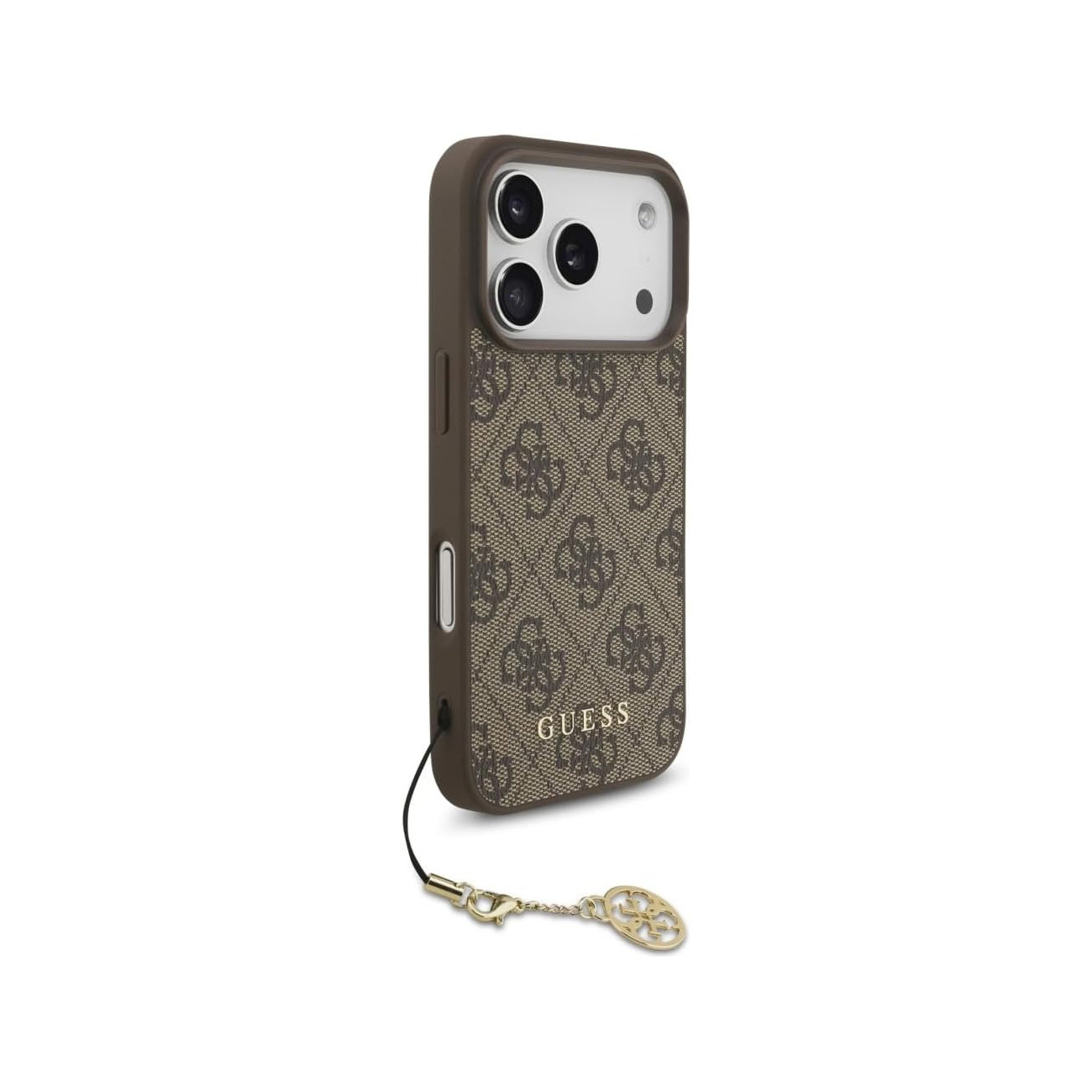 Custodia marrone per telefono con motivo logo Guess e ciondolo dorato.