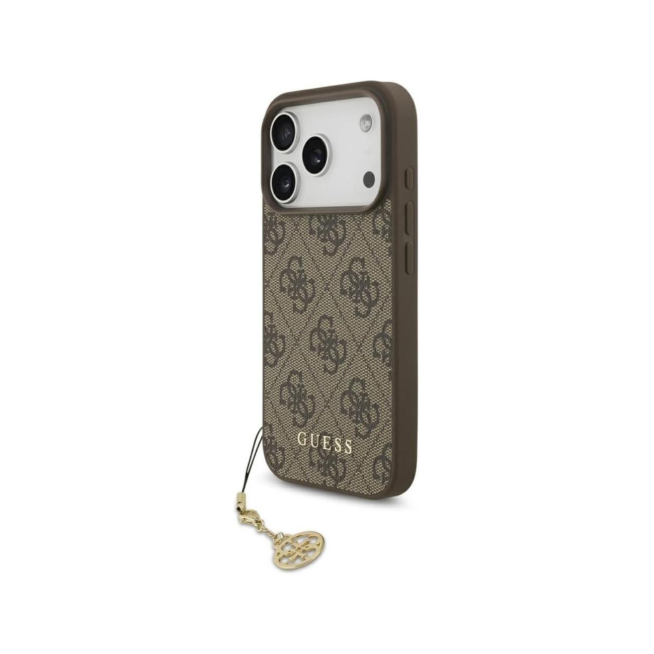 Custodia per telefono marrone con motivo logo GUESS e ciondolo dorato.