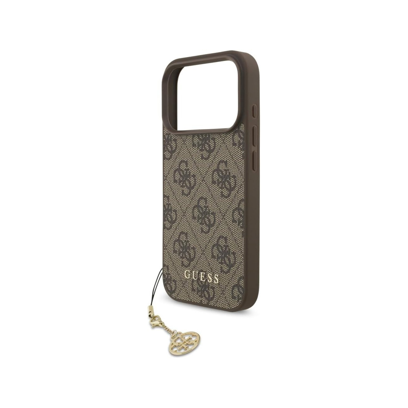 Custodia marrone per telefono con motivo logo Guess e ciondolo dorato.