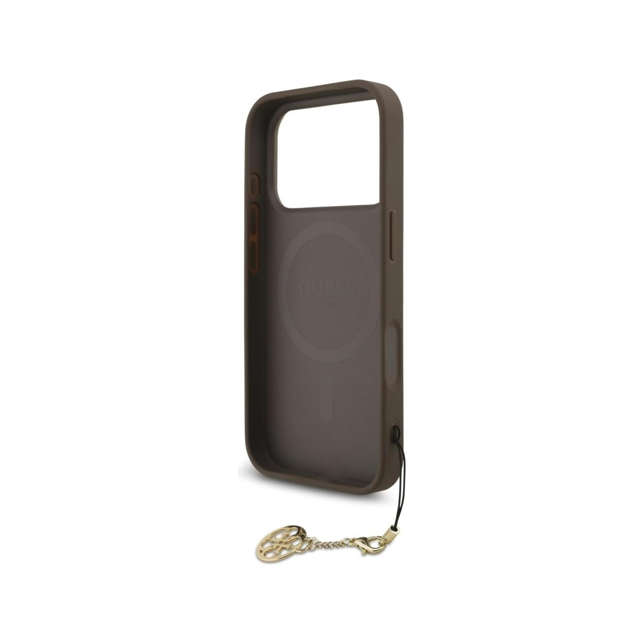 Custodia marrone per telefono con logo Guess e anello charm dorato