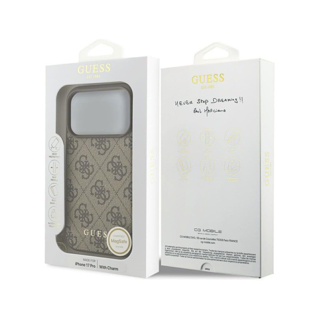 Custodia Guess monogramma per iPhone 17 Pro, compatibile MagSafe.