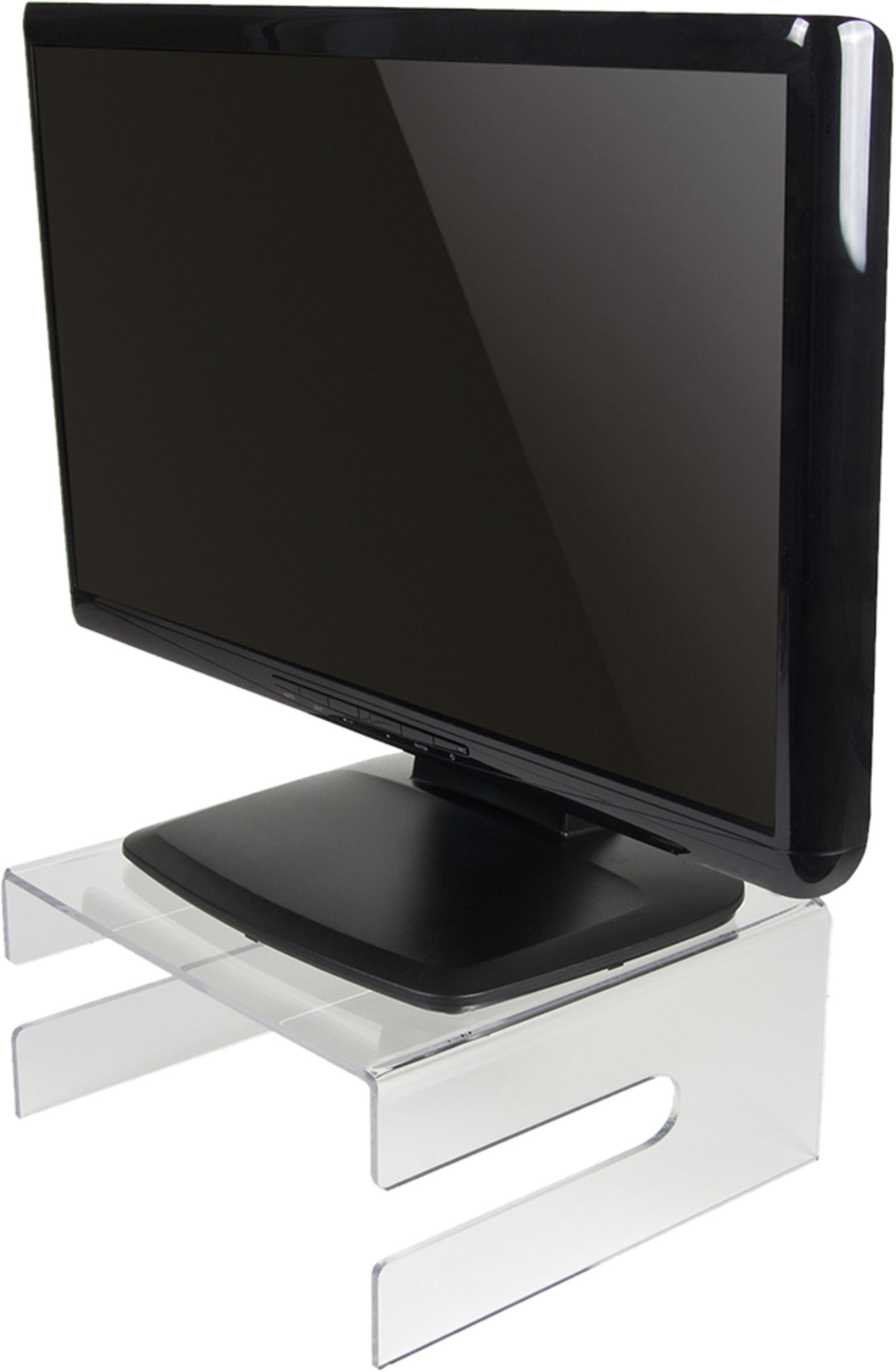 Een zwarte computermonitor staat op een doorzichtige acrylstandaard.