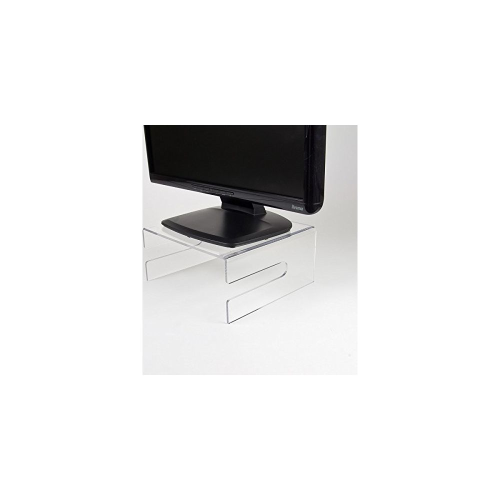 Een zwarte monitor rust op een doorzichtige acrylstandaard.
