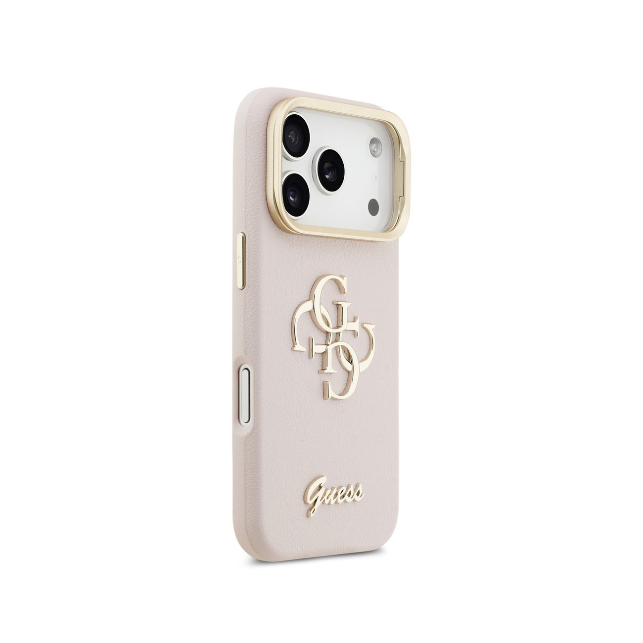 Una cover rosa chiaro per telefono con logo e scritte Guess dorati.