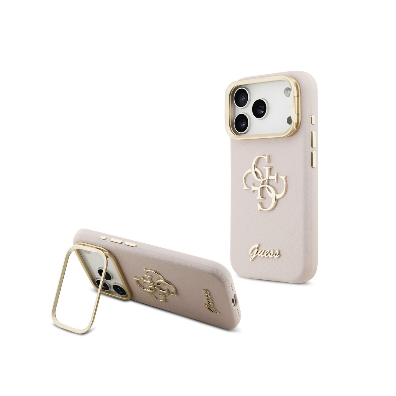 Due custodie per telefono color chiaro con logo Guess e finiture dorate.