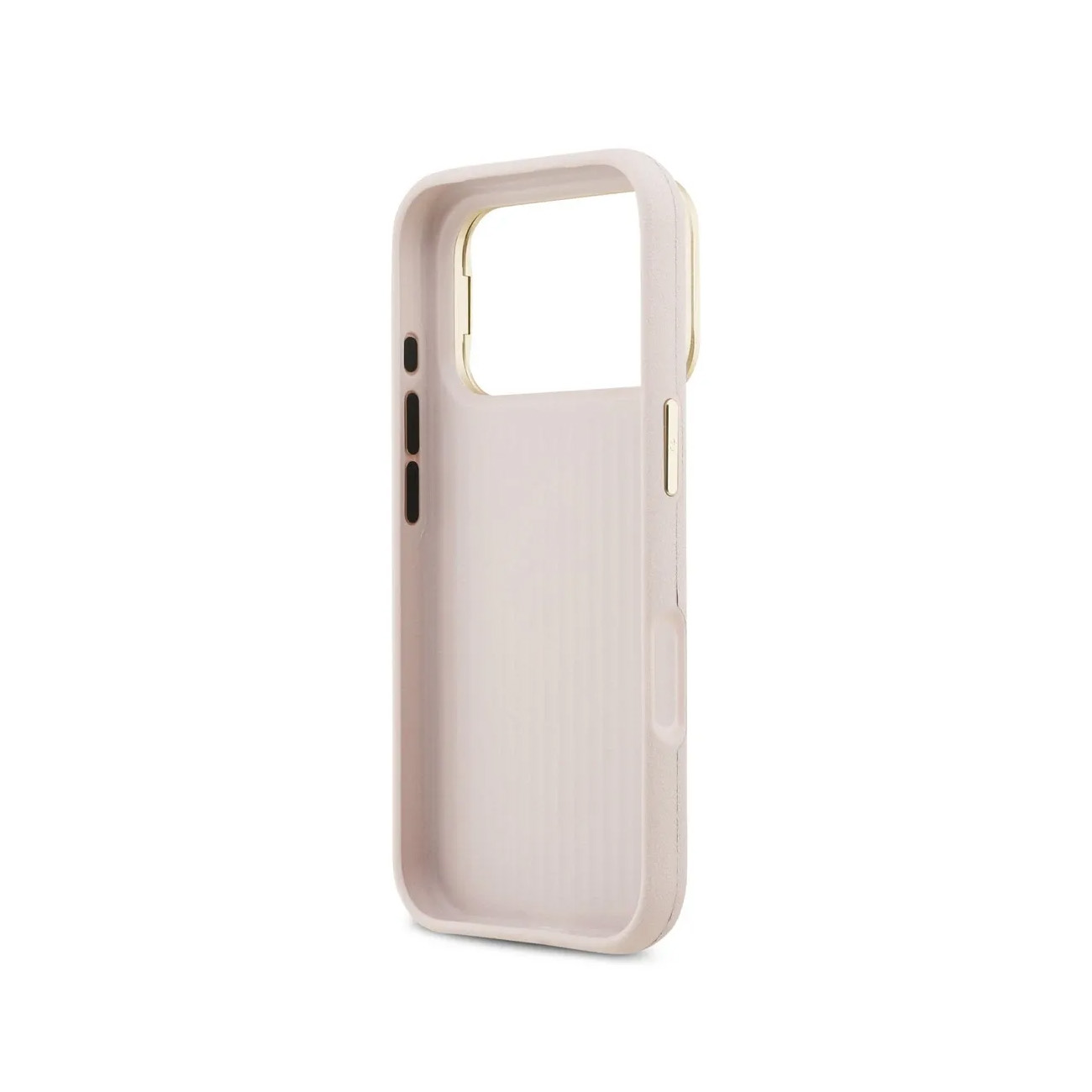 Una custodia per telefono rosa pallido con bordo dorato e ritagli per fotocamera e pulsanti.