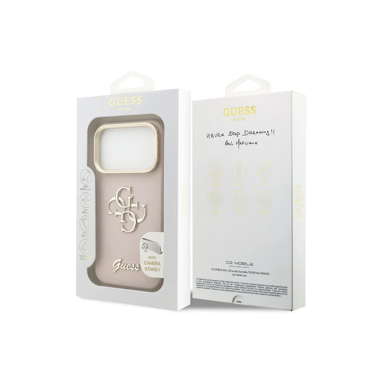 Custodia Guess rosa con logo G dorato e supporto fotocamera, in confezione.