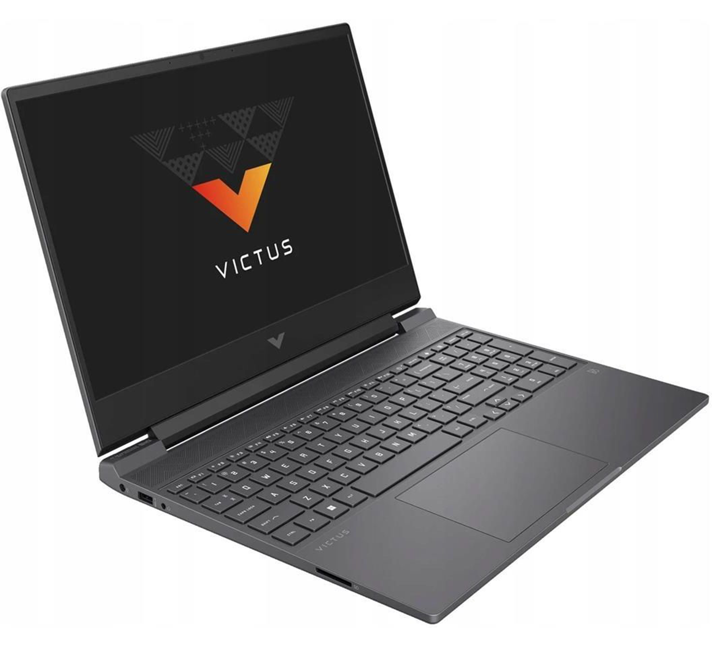Otwarty ciemnoszary laptop z logo Victus na ekranie.