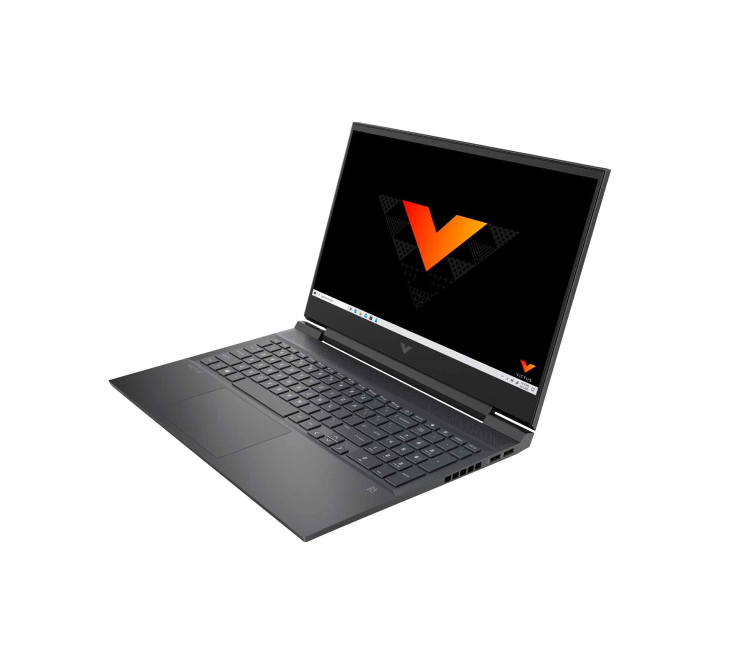 Ciemny laptop z podświetlanym logo V na ekranie.