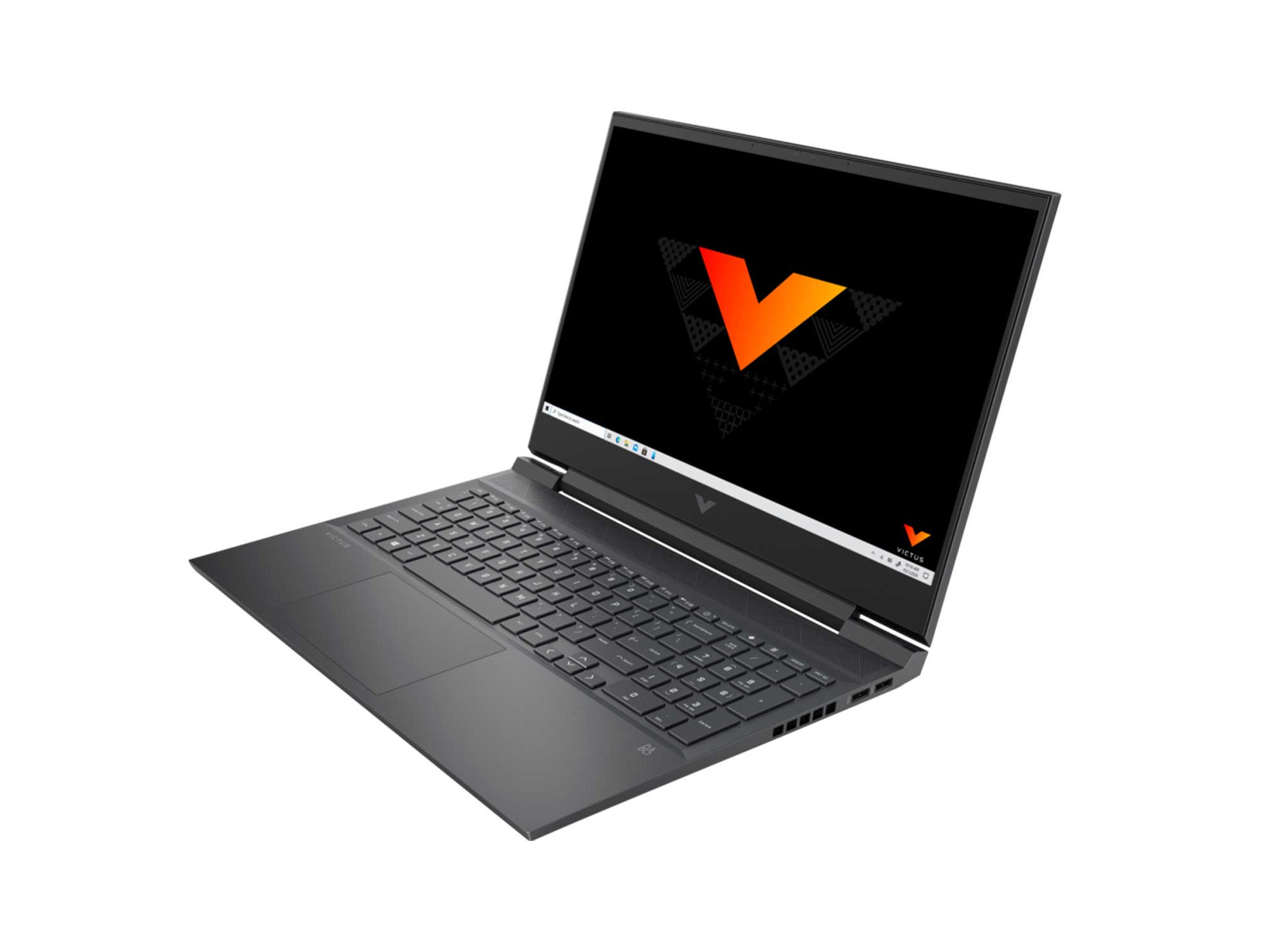 Ciemny laptop z świecącym logo V na czarnym ekranie.