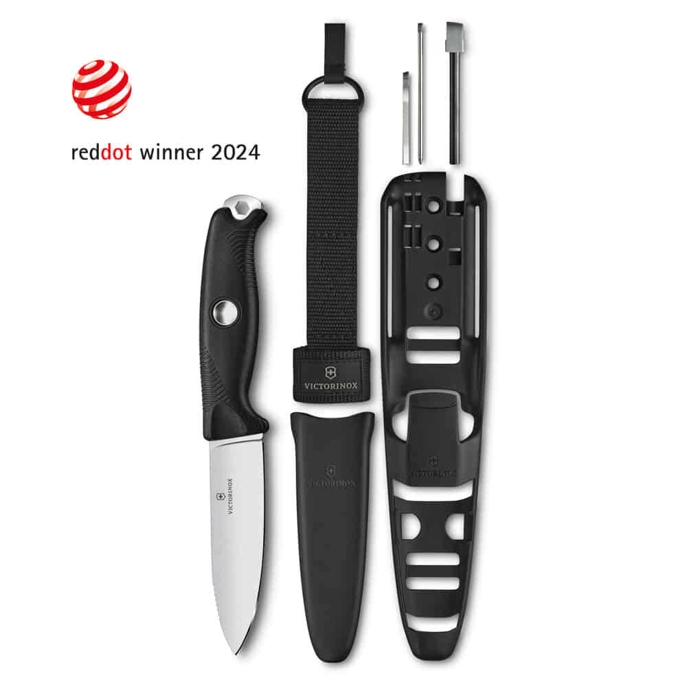 Victorinox bıçağı kılıfı, kayışı ve aksesuarlarıyla. Red Dot ödülü sahibi 2024.