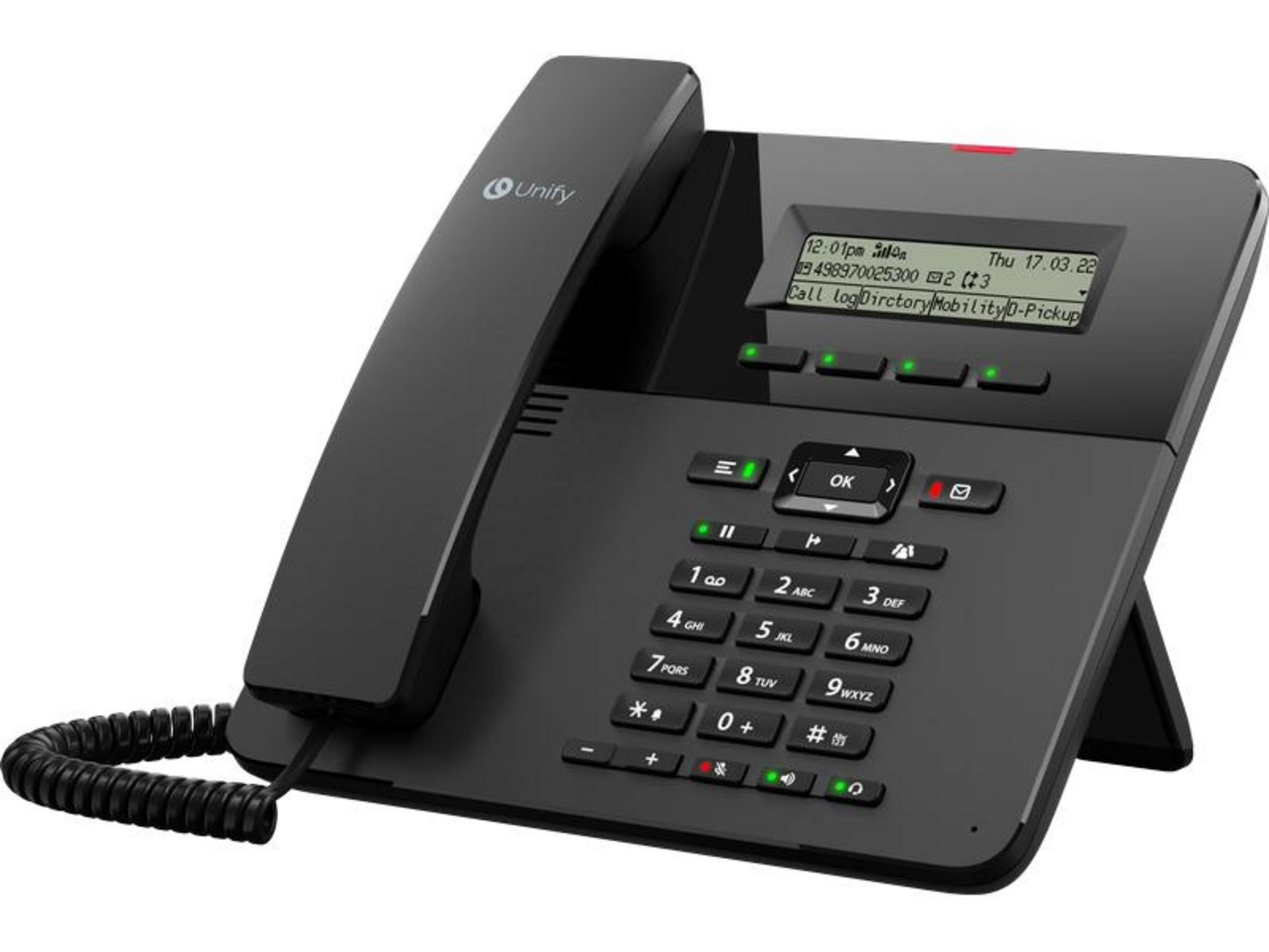 Telefono da scrivania nero con logo Unify e schermo illuminato.