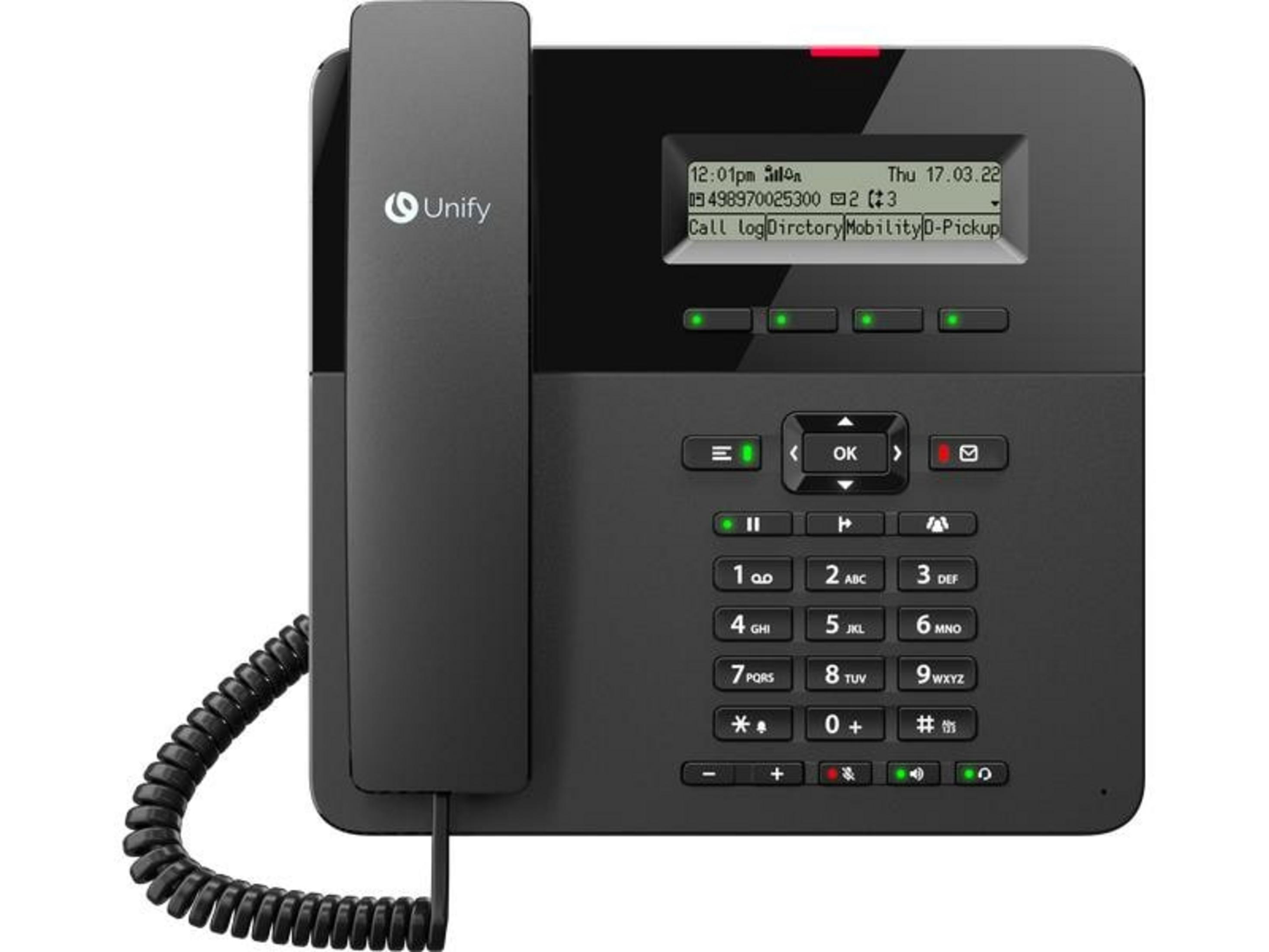 Un telefono da tavolo nero con cornetta, display e tastiera.
