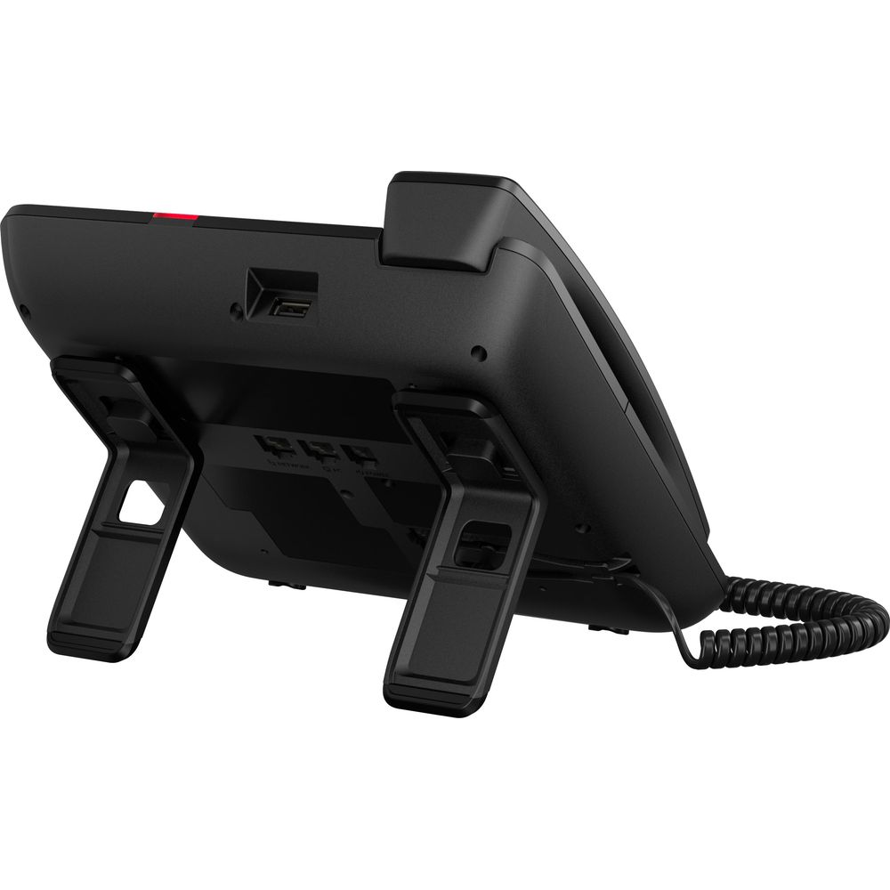 Un telefono cordless nero con supporto e cavo della cornetta a spirale.