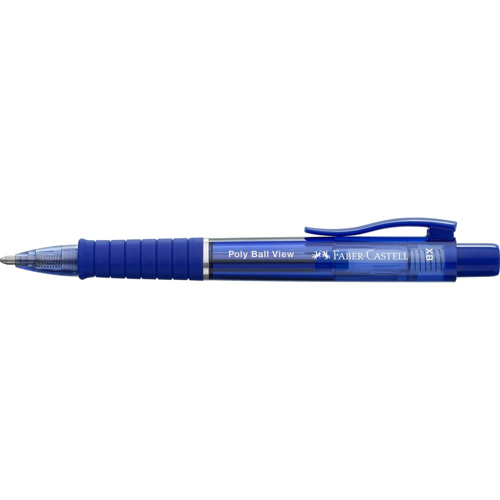 Ein blauer Faber-Castell Kugelschreiber mit geriffelten Griff und Clip.