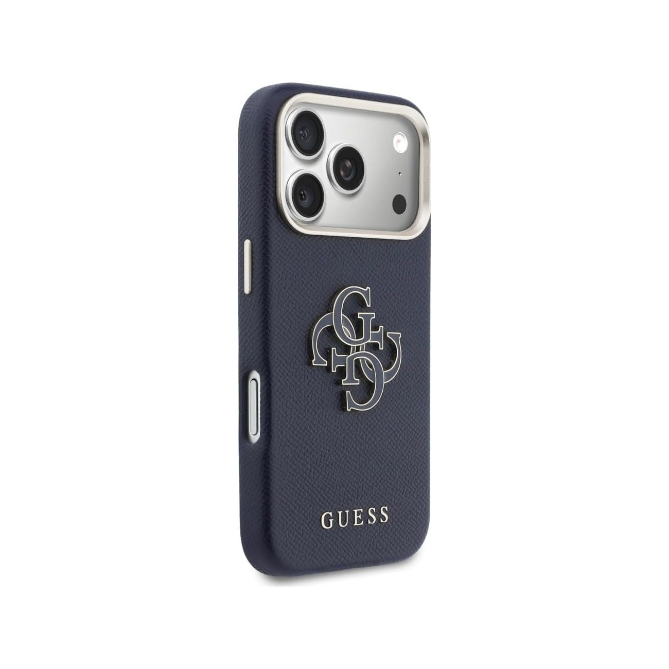 Custodia blu scuro per telefono con logo Guess e foro fotocamera.