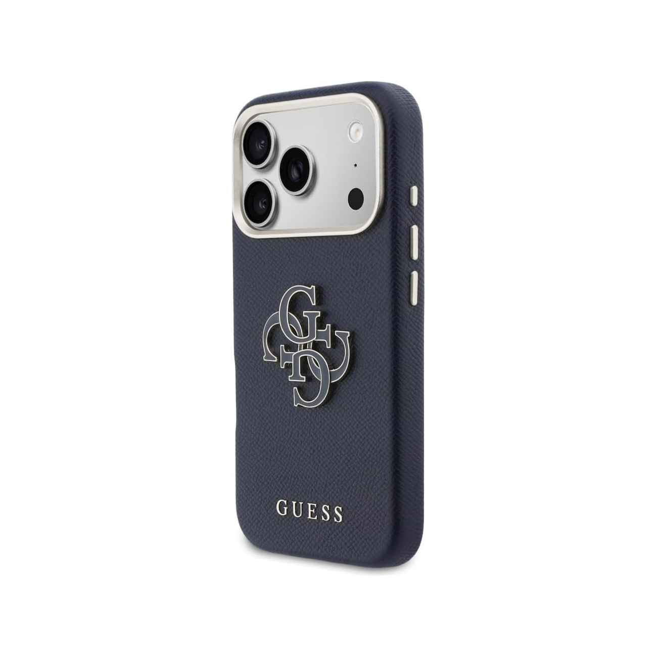 Custodia blu scuro con logo Guess e ritaglio fotocamera.