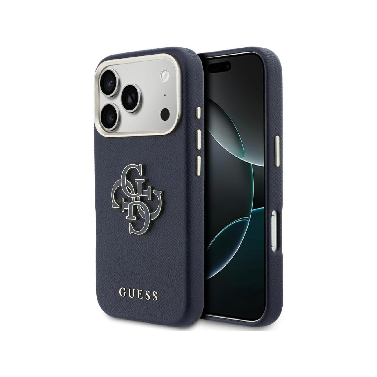 Custodia blu scuro Guess con logo argento e ritaglio fotocamera.